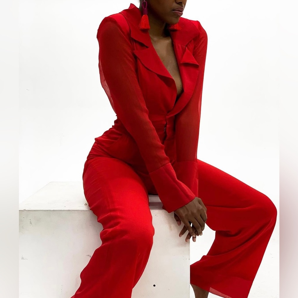 Hanifa Bold Red Long-Sleeve Jumpsuit